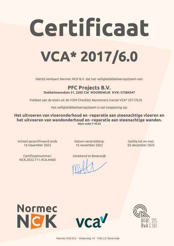 VCA certificaat PFC projects BV